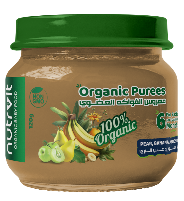 Organic Purees No added Sugar Pear, Banana, Gooseberry Puree For Babies From 6 Months 120g on Sale