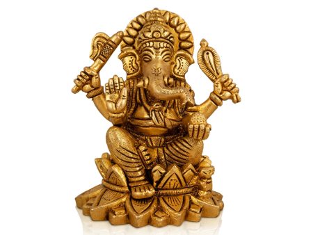 Ganesh Murti Sitting On Lotus - 4.5 x 4 Inches | Antique Brass Idol  Ganpati Murti for Pooja  1.005 Kgs Approx Supply