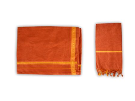 Veshti And Angavastram Set - 2 x 1 Mtr | Kavi Colour & Pentex Border Vesti & Mudi Design Towel for Men Online now