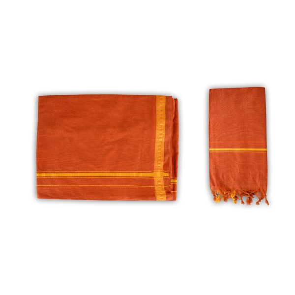 Veshti And Angavastram Set - 2 x 1 Mtr | Kavi Colour & Pentex Border Vesti & Mudi Design Towel for Men Online now