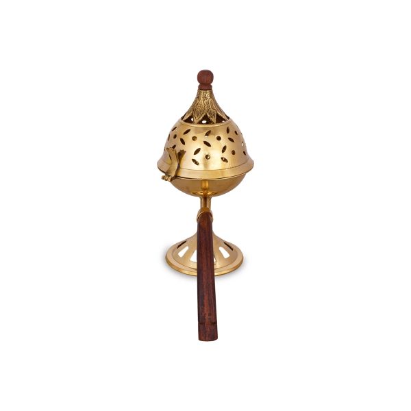 Dhoop Stand With Wooden Handle - 8 x 8 Inches | Brass Dhup Dhani With Lid  Sambrani Stand for Pooja  425 Gms on Sale