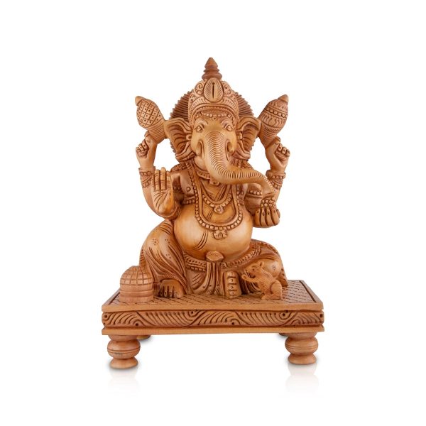 Ganesh Murti - 8 x 6 Inches | Wooden Statue  Ganapati Idol Sitting On Chowki  Vinayagar Statue for Pooja For Sale