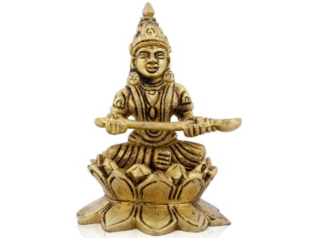 Annapurna Devi Sitting On Lotus Flower - 4 x 2.75 Inches | Antique Brass Idol  Annapurna Murti for Pooja  740 Gms Supply