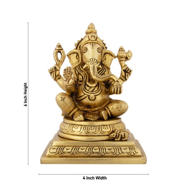 Ganesh Murti Sitting On Chowki - 6 x 4 Inches | Antique Brass Idol  Ganpati Murti for Pooja  1.970 Kgs Discount