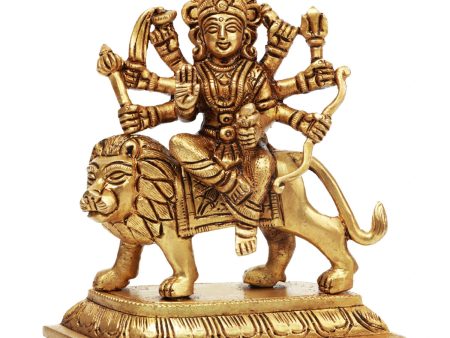 Durga Idol With 8 Hands Sitting On Lion - 5 x 5 Inches | Antique Brass Idol  Durga Murti for Pooja  785 Gms For Discount