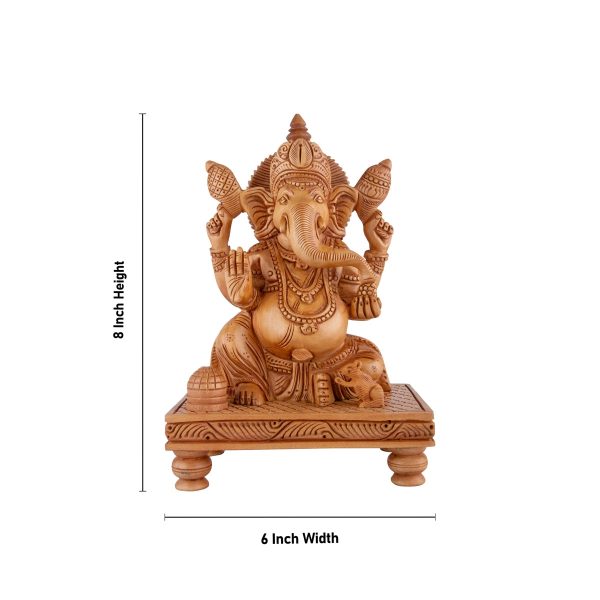 Ganesh Murti - 8 x 6 Inches | Wooden Statue  Ganapati Idol Sitting On Chowki  Vinayagar Statue for Pooja For Sale