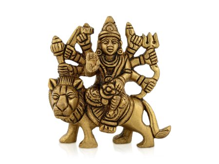 Durga Idol Sitting On Lion With 8 Hands - 3.25 x 3 Inches | Antique Brass Idol  Durga Murti for Pooja  320 Gms Sale