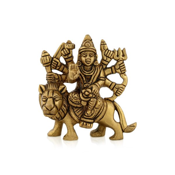 Durga Idol Sitting On Lion With 8 Hands - 3.25 x 3 Inches | Antique Brass Idol  Durga Murti for Pooja  320 Gms Sale