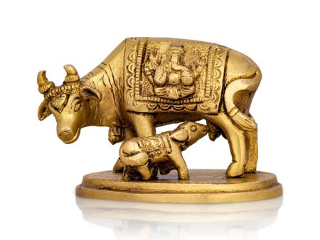 Cow With Calf Idol With Base - 2 x 3.5 Inches | Antique Brass Idol  Cow Calf Idol for Pooja  350 Gms Approx Sale