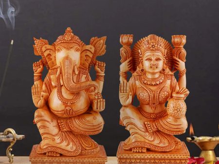 Laxmi Ganesh Murti Pair - 8 x 4.5 Inches | Wooden Statue  Lakshmi Ganesh Murti  Ganesh Lakshmi Idol for Pooja Sale