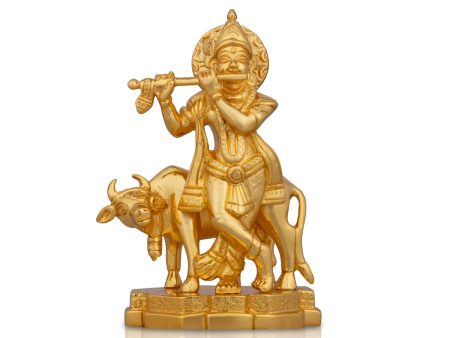 Krishna Murti - 5.5 x 3.5 Inches | Brass Idol  Gold Polish Cow Krishna Idol  Krishna Statue for Pooja  760 Gms Supply