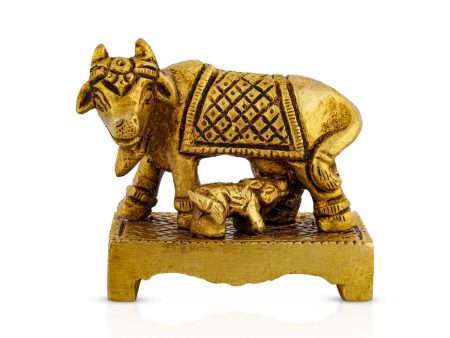 Cow With Calf Idol Standing On Chowki - 2 x 2.5 Inches | Antique Brass Kamdhenu Cow With Calf for Pooja  215 Gms Discount