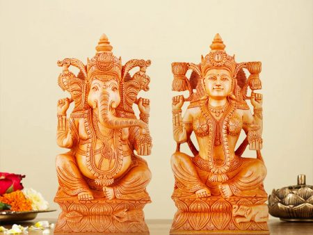 Laxmi Ganesh Murti Pair - 12 x 6 Inches | Sitting Lakshmi Ganesh Idol  Wooden Statue  Ganesh Lakshmi Murti for Pooja Cheap