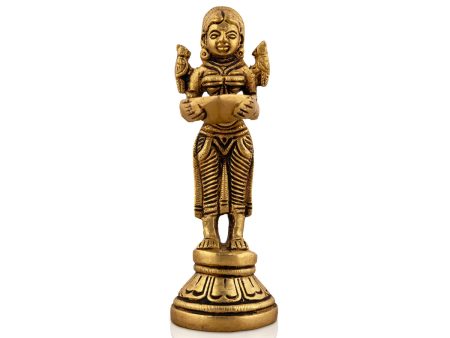 Welcome Lady With Lamp - 5 x 1.75 Inches | Antique Brass Lamp  Standing Lady With Deepam for Pooja  410 Gms on Sale