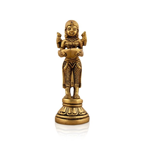 Welcome Lady With Lamp - 5 x 1.75 Inches | Antique Brass Lamp  Standing Lady With Deepam for Pooja  410 Gms on Sale