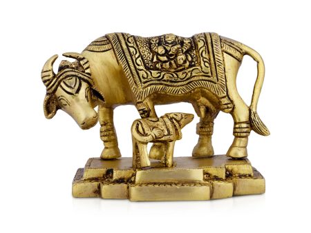 Cow and Calf Idol - 3.5 x 4.5 Inches | Brass Idol  Kamadhenu Idol  Kamadhenu Statue for Home  1.010 Kgs Approx Online Sale