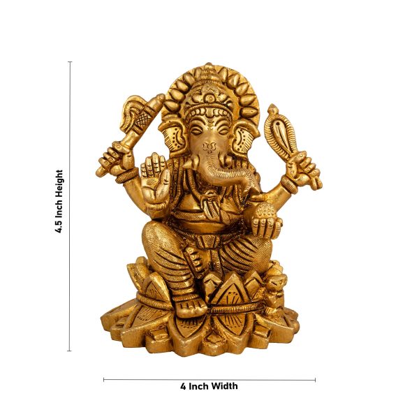 Ganesh Murti Sitting On Lotus - 4.5 x 4 Inches | Antique Brass Idol  Ganpati Murti for Pooja  1.005 Kgs Approx Supply