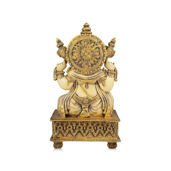 Ganesh Murti - 10 x 6 Inches | Marble Dust Murti  Gold Antique Polish Ganapati Idol Sitting On Chowki for Pooja Online