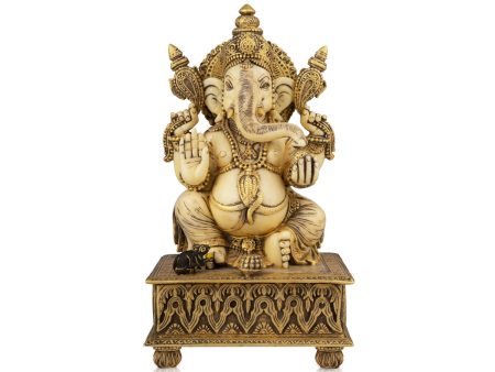 Ganesh Murti - 10 x 6 Inches | Marble Dust Murti  Gold Antique Polish Ganapati Idol Sitting On Chowki for Pooja Online