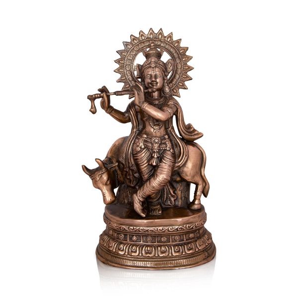 Krishna Murti - 28 x 10 Inches | Copper Oxidised Murti  Cow Krishna Idol  Standing Krishna Statue for Pooja  3.960 Kgs Cheap