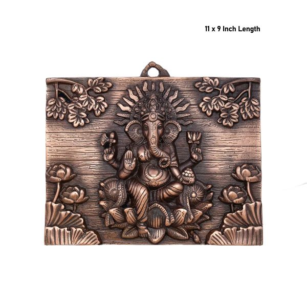 Ganesh Murti With Flower Design Wall Hanging - 11 x 9 Inches | Copper Oxidised Ganpati Murti Wall Hanger for Home For Cheap