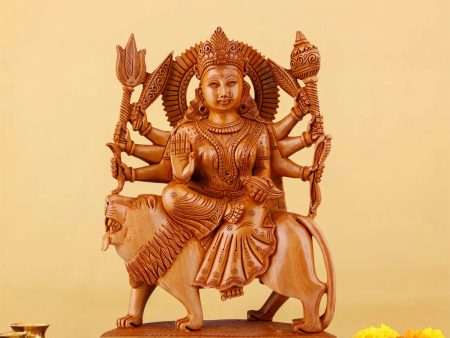 Durga Murti - 12 x 7 Inches | Wooden Statue  Sitting Durga Mata for Pooja Online now