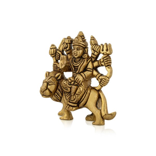 Durga Idol Sitting On Lion With 8 Hands - 3.25 x 3 Inches | Antique Brass Idol  Durga Murti for Pooja  320 Gms Sale