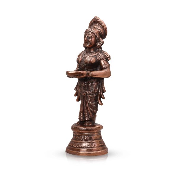 Welcome Lady With Lamp - 22 x 8 Inches | Copper Oxidised Standing Lady With Vilakku  Deepam for Pooja  2.120 Kgs For Sale