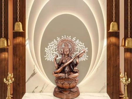 Saraswati Murti Sitting On Lotus - 24 x 14 Inches | Copper Oxidised Saraswati Idol  Saraswathy Idol for Pooja For Cheap