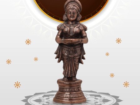 Welcome Lady With Lamp - 22 x 8 Inches | Copper Oxidised Standing Lady With Vilakku  Deepam for Pooja  2.120 Kgs For Sale