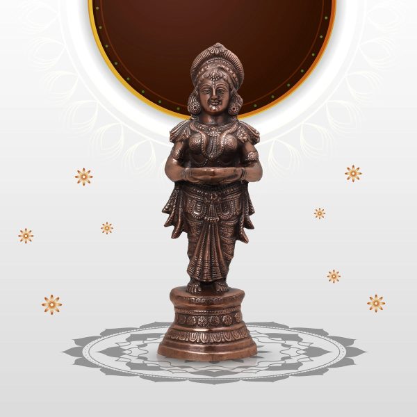 Welcome Lady With Lamp - 22 x 8 Inches | Copper Oxidised Standing Lady With Vilakku  Deepam for Pooja  2.120 Kgs For Sale