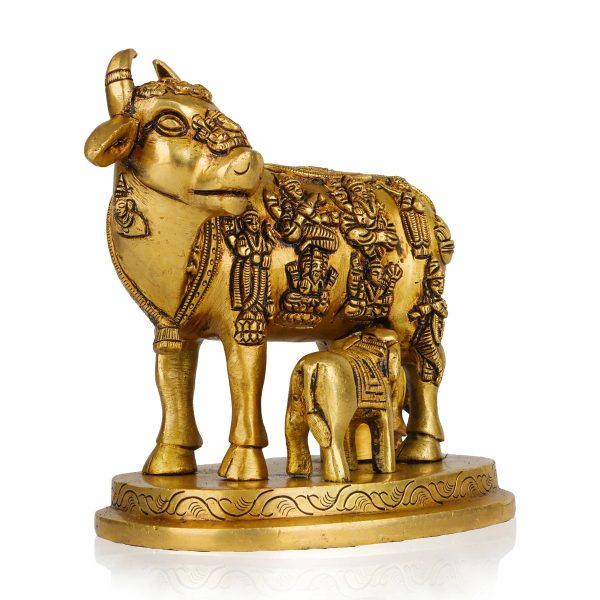 Cow With Calf Idol - 6.5 x 6 Inches | Antique Brass Idol  Kamdhenu Cow With Calf Statue for Home  2.180 Kgs on Sale