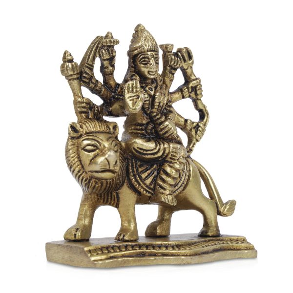 Durga Idol With 8 Hands Sitting On Lion - 3.5 x 3 Inches | Antique Brass Idol  Durga Maa Idol for Home  400 Gms Discount