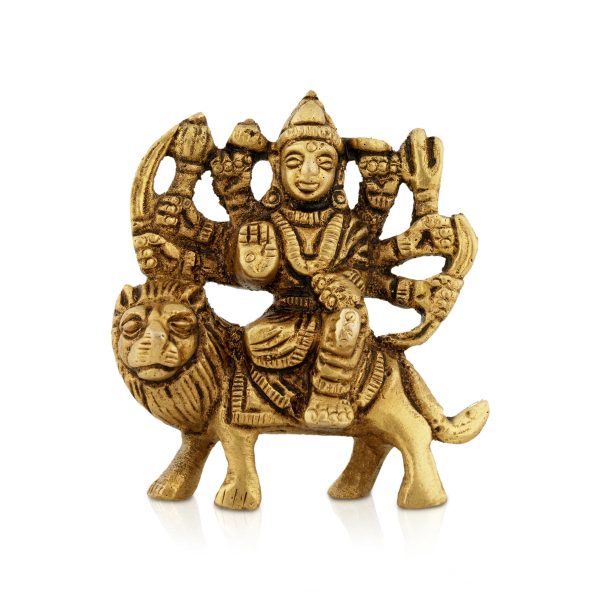 Durga Idol Sitting On Lion With 8 Hands - 2.5 x 2.5 Inches | Antique Brass Idol  Durga Statue for Pooja  120 Gms Discount