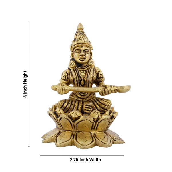 Annapurna Devi Sitting On Lotus Flower - 4 x 2.75 Inches | Antique Brass Idol  Annapurna Murti for Pooja  740 Gms Supply