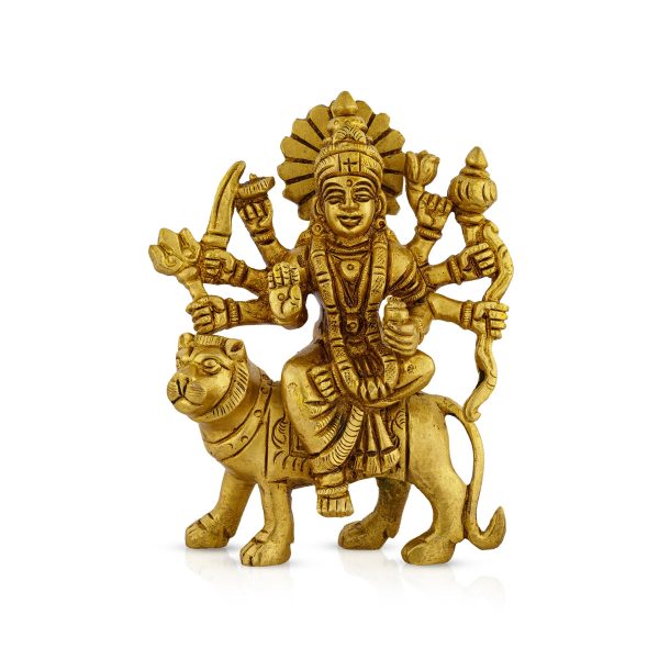 Durga Idol Sitting On Tiger - 4.5 x 3.5 Inches | Antique Brass Idol  Durga Murti for Pooja  490 Gms Approx Discount