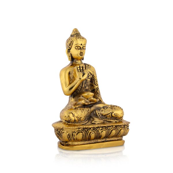 Buddha Statue Sitting On Flower Base - 5 x 3.5 Inches | Aluminium Buddha Murti  Gold Polish Buddha Idol for Home Online Hot Sale