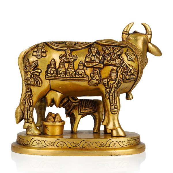 Cow With Calf Idol - 6.5 x 6 Inches | Antique Brass Idol  Kamdhenu Cow With Calf Statue for Home  2.180 Kgs on Sale