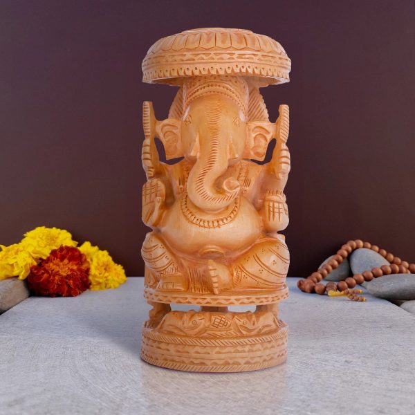 Ganesh Murti With Umbrella - 10 x 4.5 Inches | Wooden Statue  Vinayaka Statue Sitting On Chowki for Pooja Supply