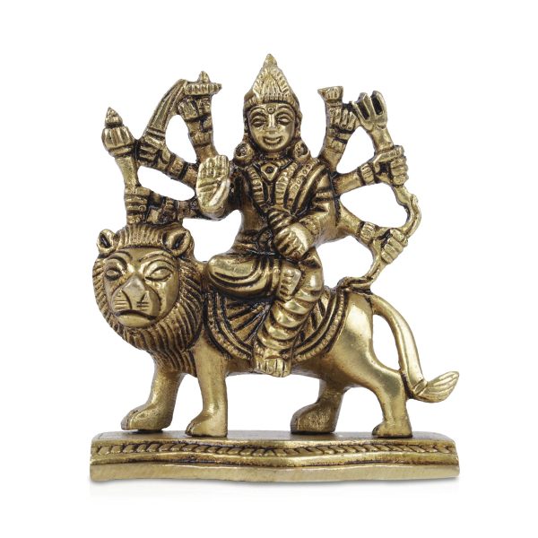 Durga Idol With 8 Hands Sitting On Lion - 3.5 x 3 Inches | Antique Brass Idol  Durga Maa Idol for Home  400 Gms Discount