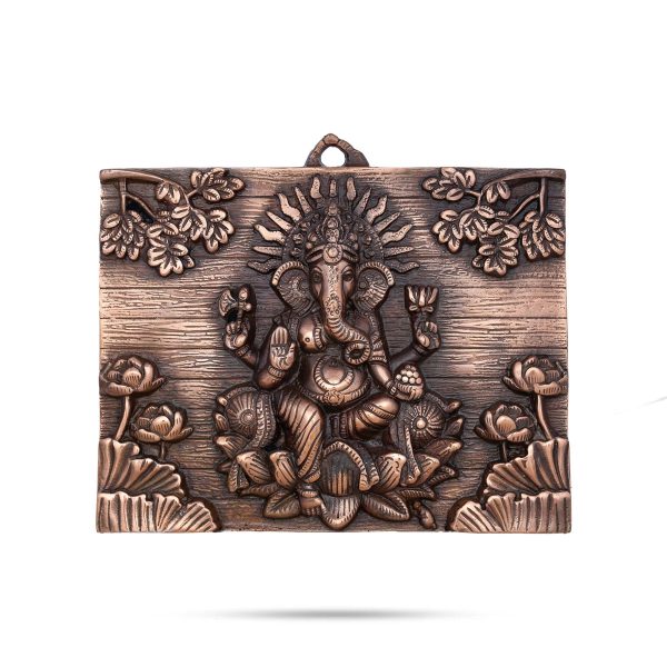 Ganesh Murti With Flower Design Wall Hanging - 11 x 9 Inches | Copper Oxidised Ganpati Murti Wall Hanger for Home For Cheap