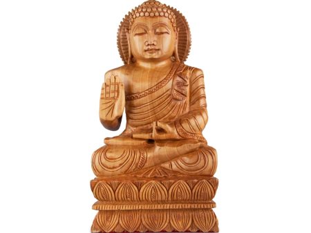 Buddha Statue - 12 x 6 Inches | Wooden Statue  Buddha Idol Sitting On Flower Base  Buddha Murti for Pooja For Cheap