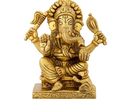 Ganesh Murti Sitting On Chowki - 4.75 x 4 Inches | Antique Brass Idol  Ganpati Murti  Vinayaka Statue for Pooja Supply