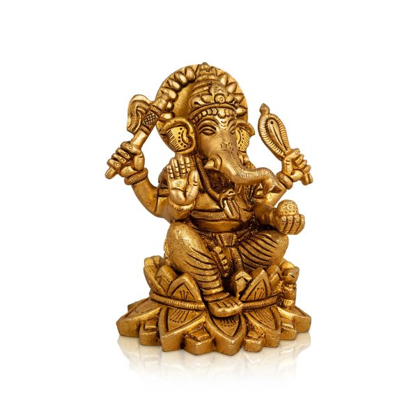 Ganesh Murti Sitting On Lotus - 4.5 x 4 Inches | Antique Brass Idol  Ganpati Murti for Pooja  1.005 Kgs Approx Supply