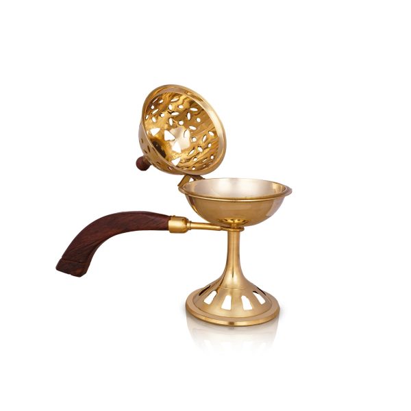 Dhoop Stand With Wooden Handle - 8 x 8 Inches | Brass Dhup Dhani With Lid  Sambrani Stand for Pooja  425 Gms on Sale