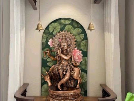 Krishna Murti - 28 x 10 Inches | Copper Oxidised Murti  Cow Krishna Idol  Standing Krishna Statue for Pooja  3.960 Kgs Cheap