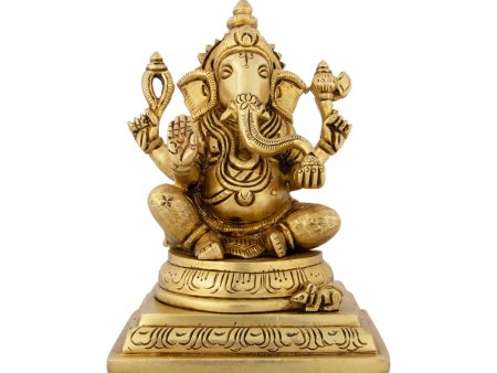 Ganesh Murti Sitting On Chowki - 6 x 4 Inches | Antique Brass Idol  Ganpati Murti for Pooja  1.970 Kgs Discount