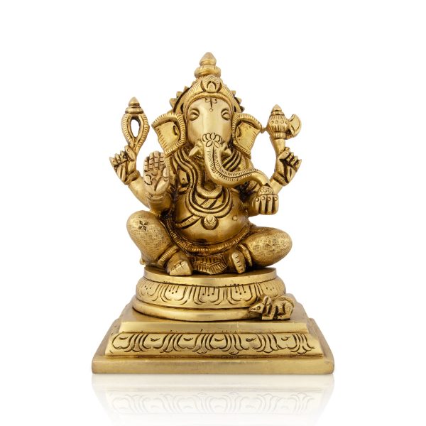 Ganesh Murti Sitting On Chowki - 6 x 4 Inches | Antique Brass Idol  Ganpati Murti for Pooja  1.970 Kgs Discount