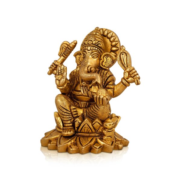 Ganesh Murti Sitting On Lotus - 4.5 x 4 Inches | Antique Brass Idol  Ganpati Murti for Pooja  1.005 Kgs Approx Supply