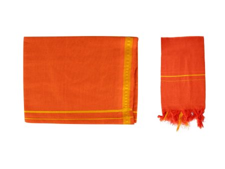 Veshti And Angavastram Set - 2 x 1 Mtr | Orange Colour & Pentex Border Vesti & Mudi Design Towel for Men Supply